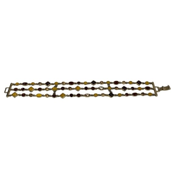 Gold Tone Triple Strand Bracelet Amber Honey Brown Color Gemstones - Picture 1 of 6